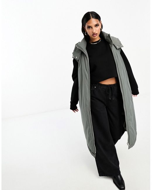 Asos Design longline paper touch vest with hood in charcoal-