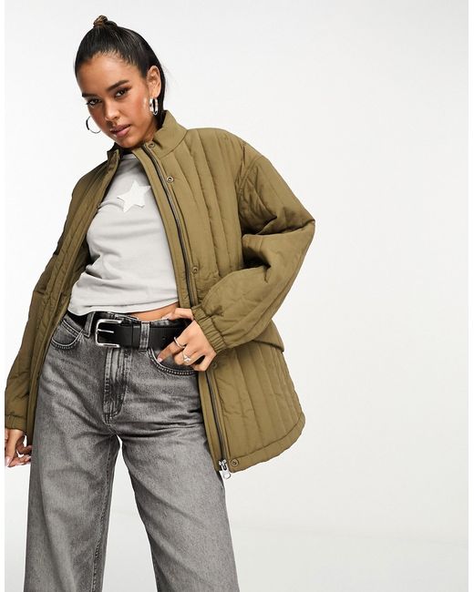 Asos Design straight line quilted cotton jacket in khaki-