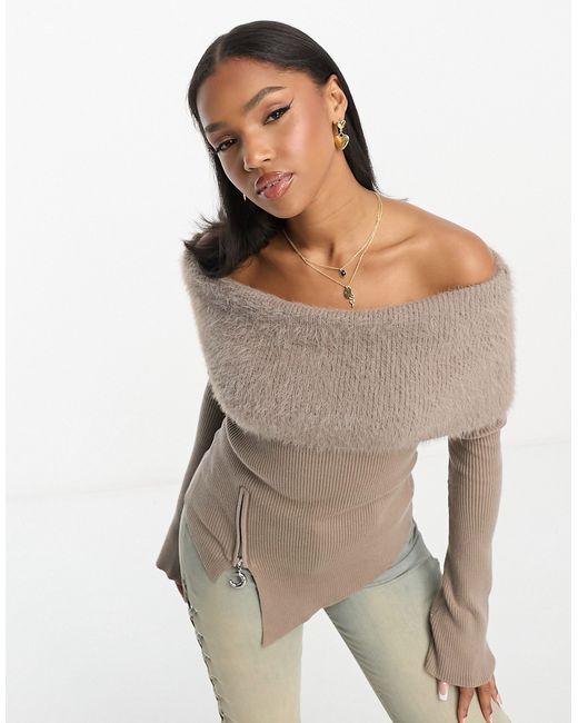 Urban Revivo off-shoulder asymmetric fluffy sweater in gray-