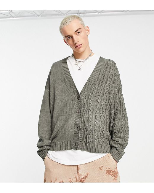 Collusion mixed cable knit cardigan in charcoal-