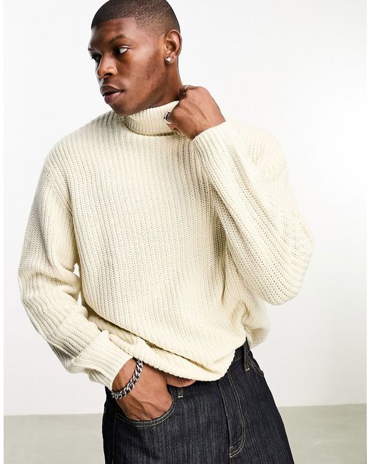 Asos Design oversized knit fisherman ribbed turtle neck sweater in stone-