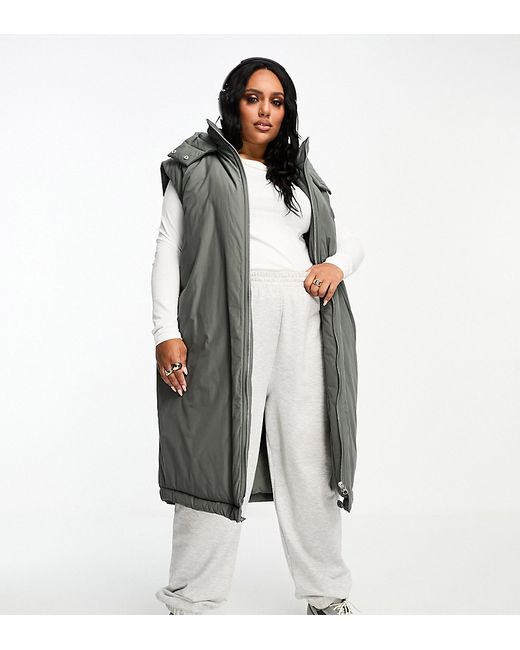 ASOS Curve DESIGN Curve longline paper touch vest with hood in charcoal-