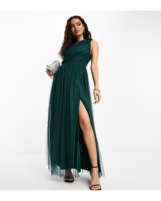 Anaya Petite Bridesmaid tulle one shoulder maxi dress in emerald-