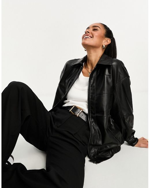 Asos Design faux leather bomber jacket with collar in