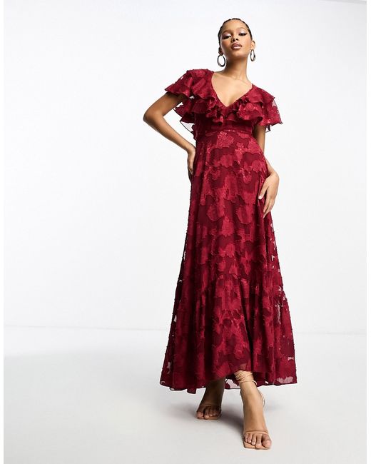 Asos Design v front back ruffle maxi dress with flutter sleeve and tie in textured jacquard burgundy