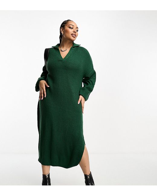 ASOS Curve DESIGN Curve knit maxi dress with open collar in dark