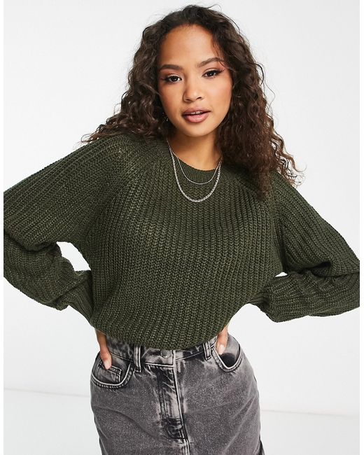 New Look crew neck knitted sweater with stich detail in dark khaki-