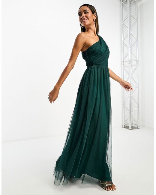Anaya Bridesmaid tulle one shoulder maxi dress in emerald
