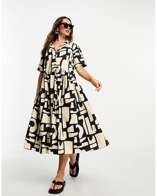 Asos Design twill collared button midi smock dress in mono abstract print-