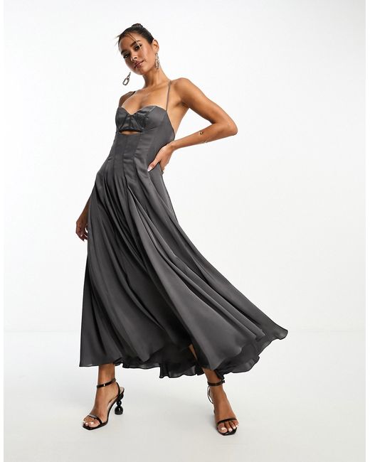 Asos Design satin cami corset midi dress with full skirt in charcoal-