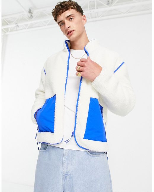 Topman borg jacket with panel pockets in ecru-