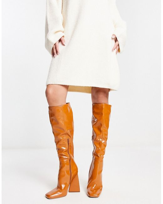 Asos Design Clara high-heeled knee boots in mustard patent-