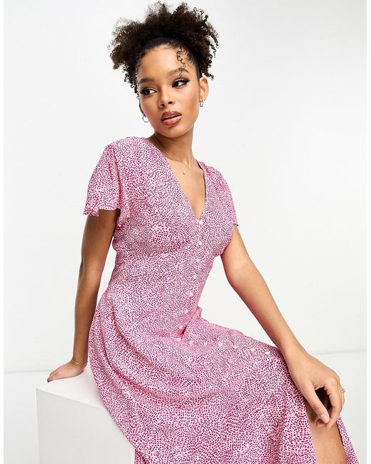 French Connection flutter sleeve button down midi dress in spot