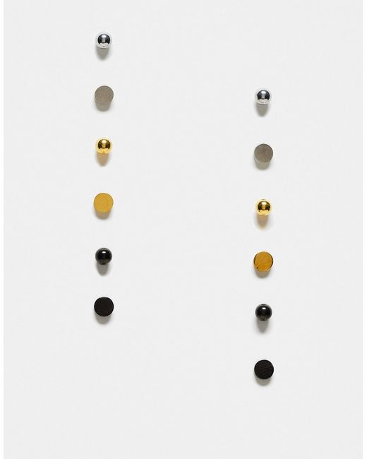 Asos Design 6 pack waterproof stud earrings set in silver gold and matte black-