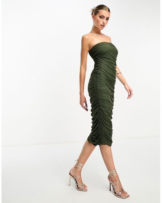 Flounce London Flounce ruched mesh midi dress in olive