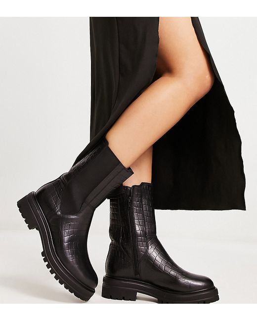 London Rebel Leather Wide Fit chunky chelsea boot in croc