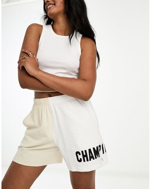 Champion high waist shorts in spliced stone and white-