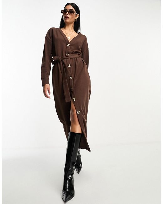 Asos Design super soft button up maxi cardigan belted dress in chocolate-