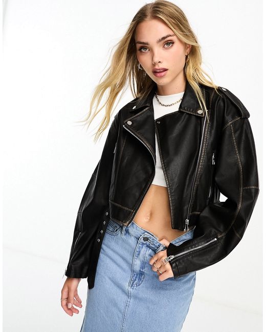 Pull & Bear oversized fit faux leather vintage wash biker jacket in