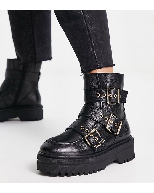 Simply Be Extra Wide Fit leather flat ankle boots with buckle strap detail in