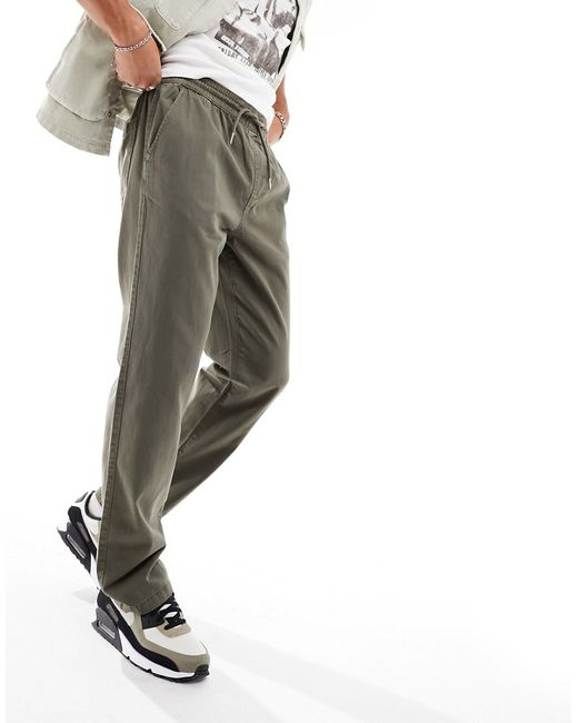 Asos Design straight leg pull on pants in khaki with elastic waist-