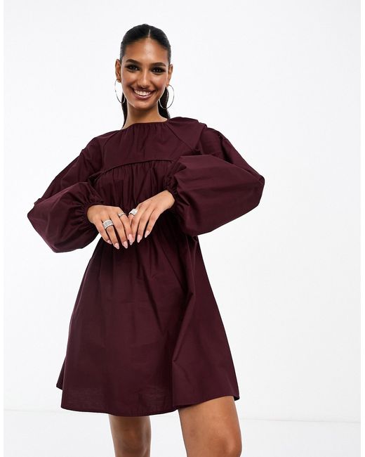 Asos Design cotton poplin mini dress with ruched bust detail in burgundy-