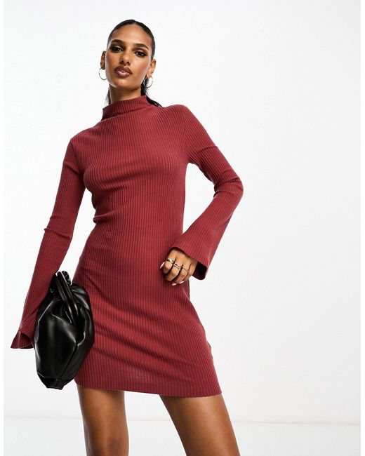 Asos Design super soft grown on neck long sleeve mini dress in burnt red-
