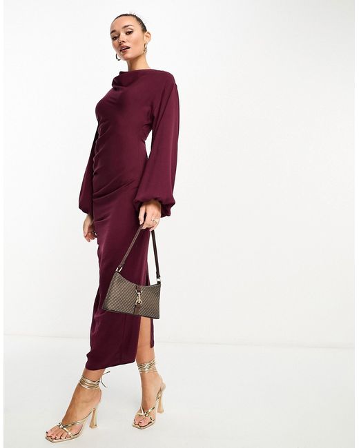 Asos Design drape neck midi dress with ruched side detail in burgundy-