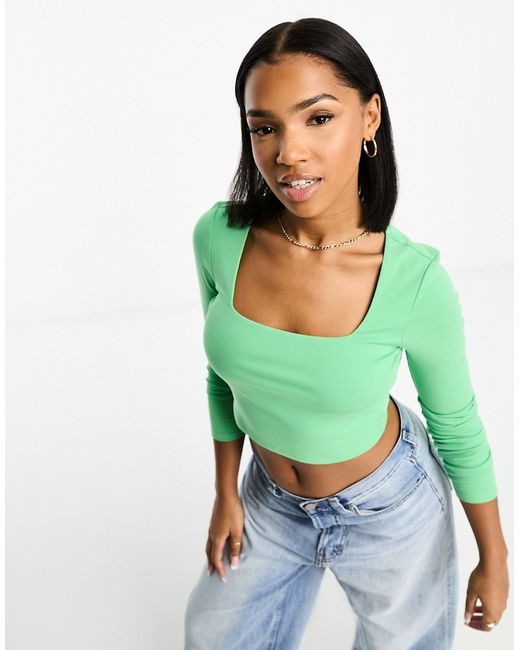 Urban Revivo square neck long sleeve crop top in matcha