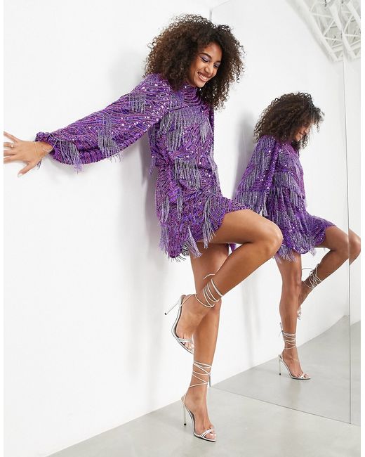 ASOS Edition beaded fringe and sequin mini dress with blouson sleeves in