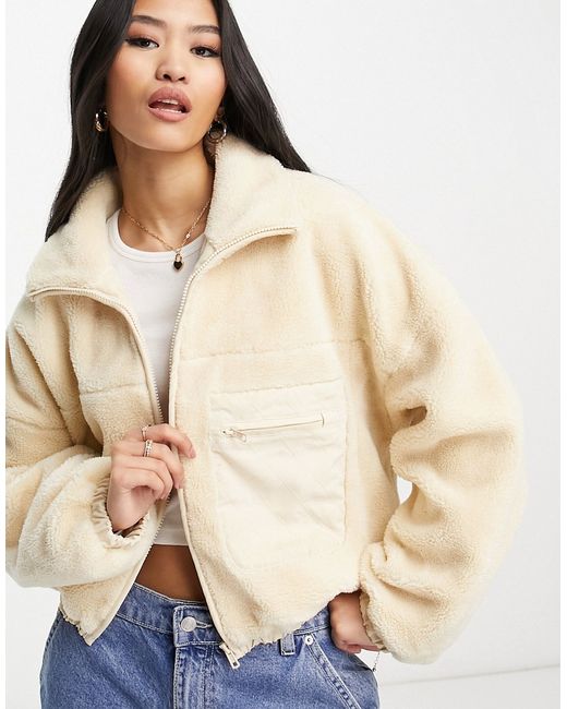 Urban Revivo cropped fleece puffer jacket in cream-