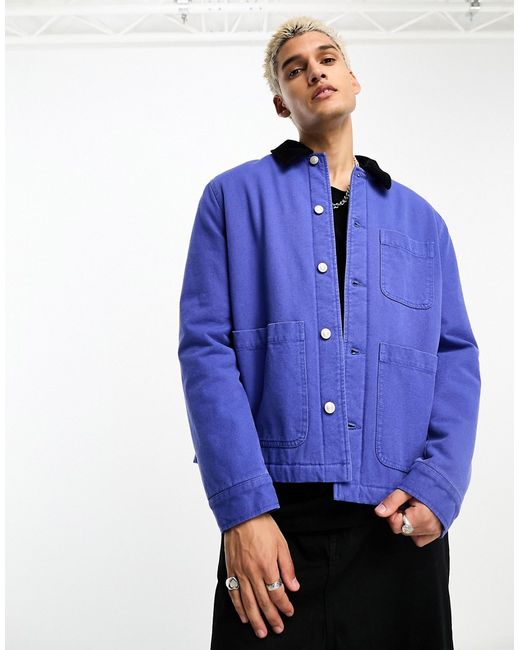 Asos Design oversized washed worker utility jacket in with contrast black collar