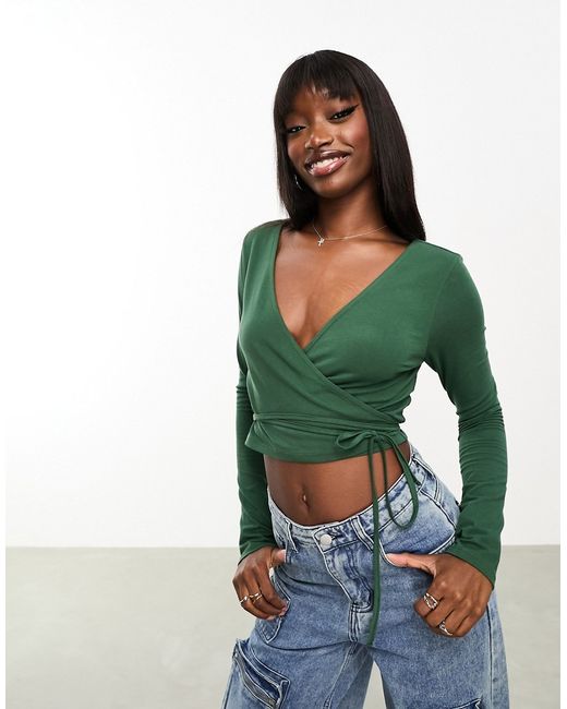 Asos Design tie wrap long sleeve top in forest