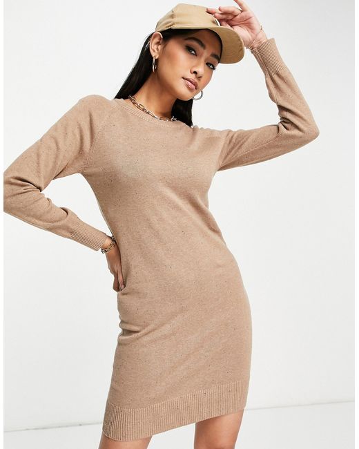 French Connection crew neck knitted dress in tan-