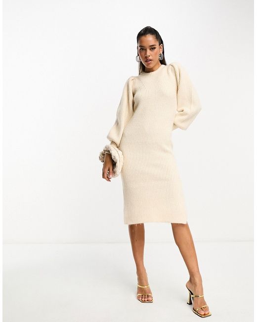 French Connection puff sleeve knit midi dress in oatmeal-