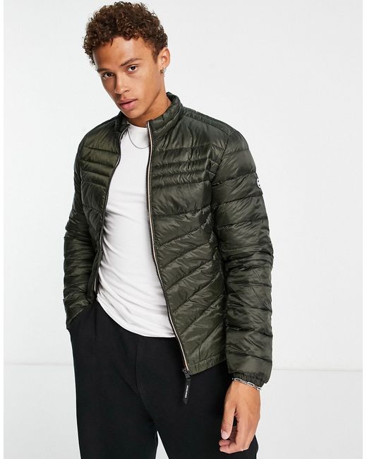 Jack & Jones Essentials padded jacket with stand collar in khaki-