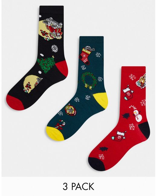Jack & Jones 3 pack christmas gift socks in red-