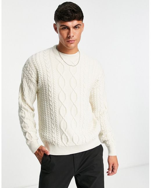 New Look relaxed fit cable crew neck sweater in off