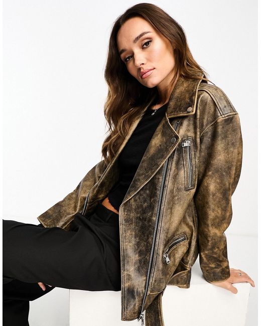 Asos Design premium washed real leather oversized moto jacket in