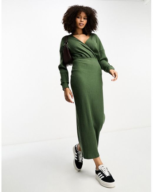 Asos Design wrap front super-soft rib midi dress with long sleeve in