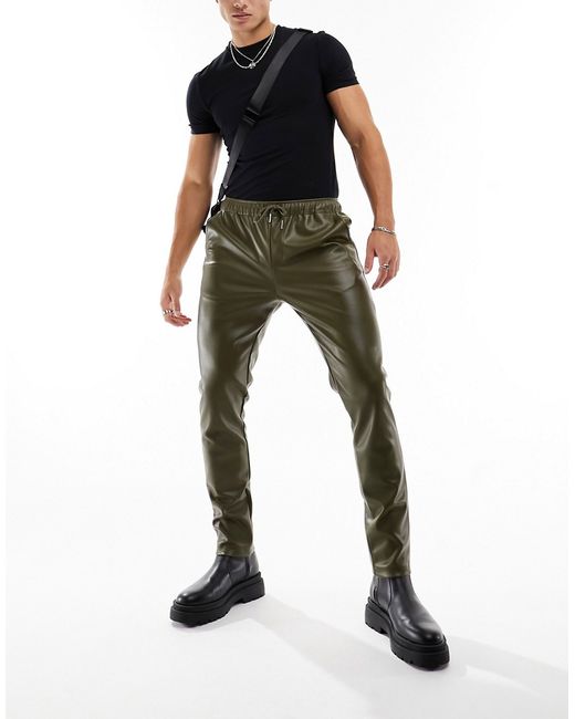 Asos Design skinny leather look sweatpants in khaki-