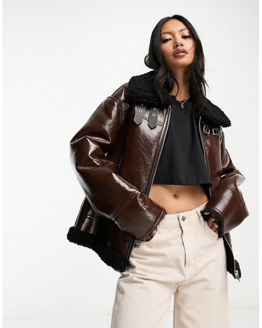 Mango aviator jacket with faux leather trim in