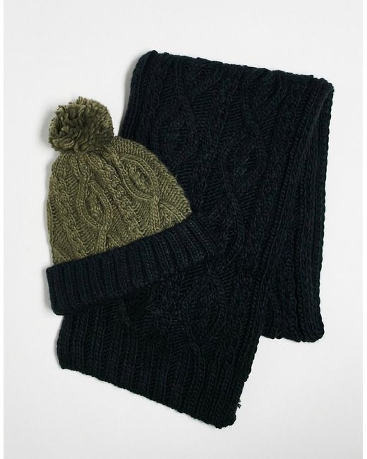 French Connection two-tone cable hat and scarf set in khaki