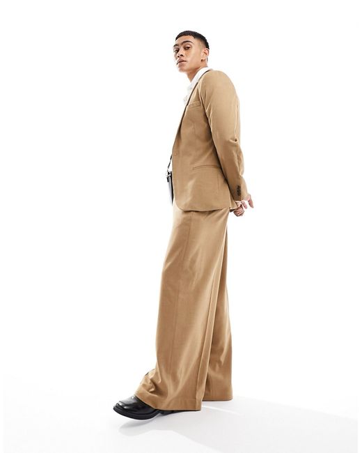 Asos Design extreme wide suit pants in camel micro texture-