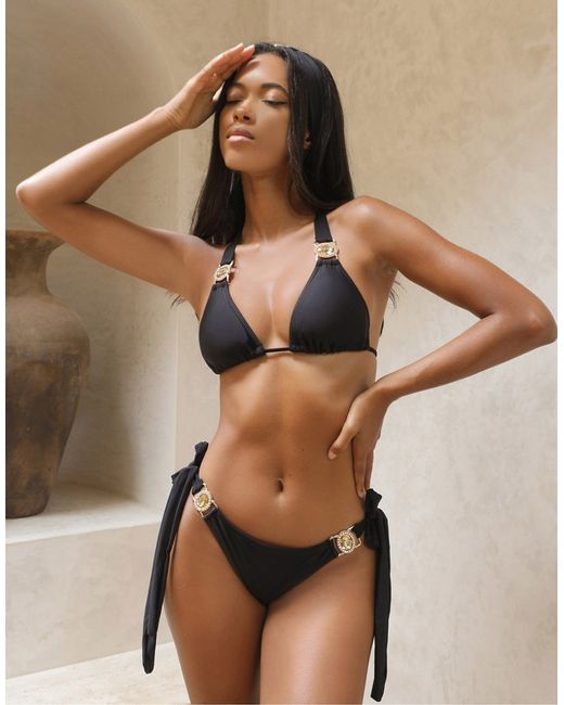 Moda Minx Amour gold crystal tie side brazilian bikini bottoms in
