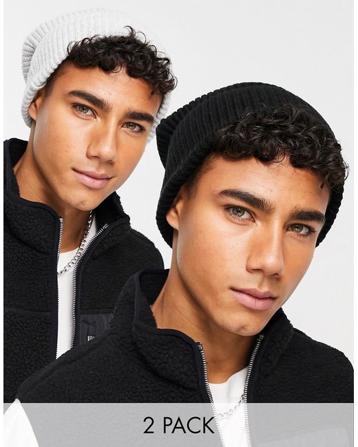 New Look 2 pack fisherman beanies in black and gray-