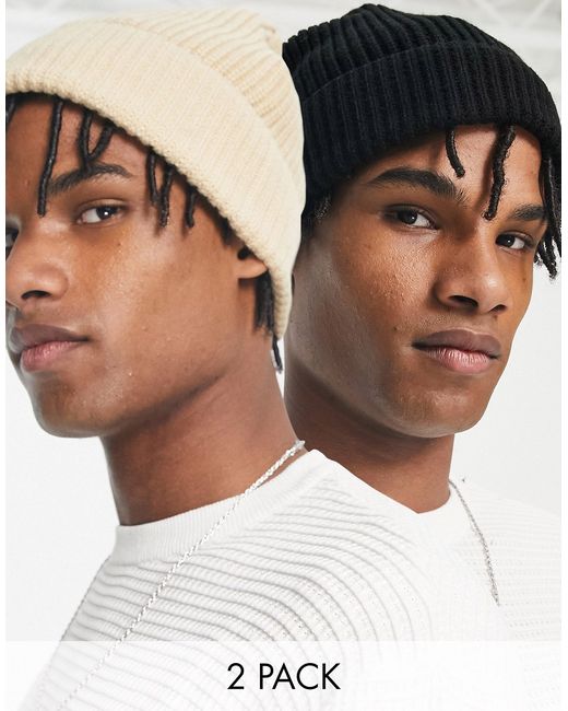 New Look 2-pack fisherman beanies in and beige