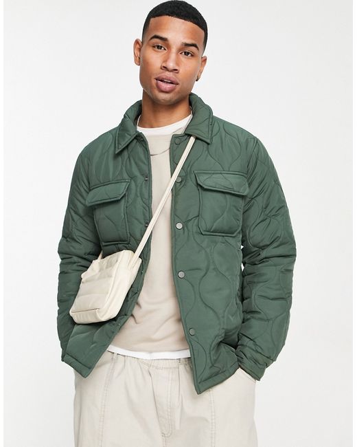 New Look quilted overshirt in khaki-