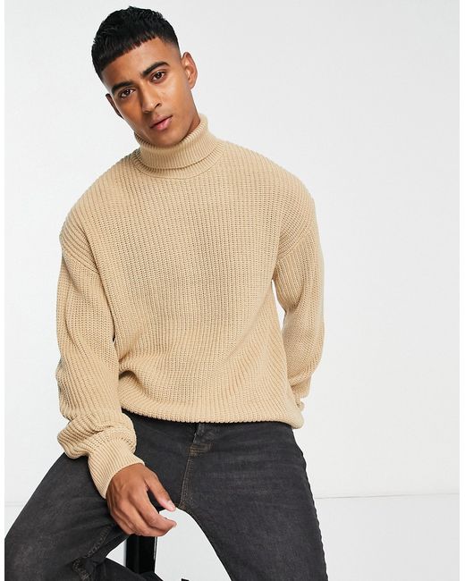 New Look relaxed fisherman roll neck sweater in stone-