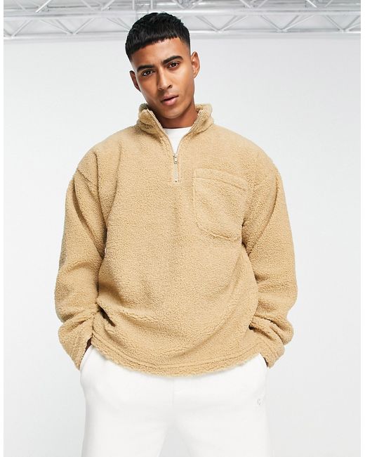 New Look borg zip funnel neck sweatshirt in camel-